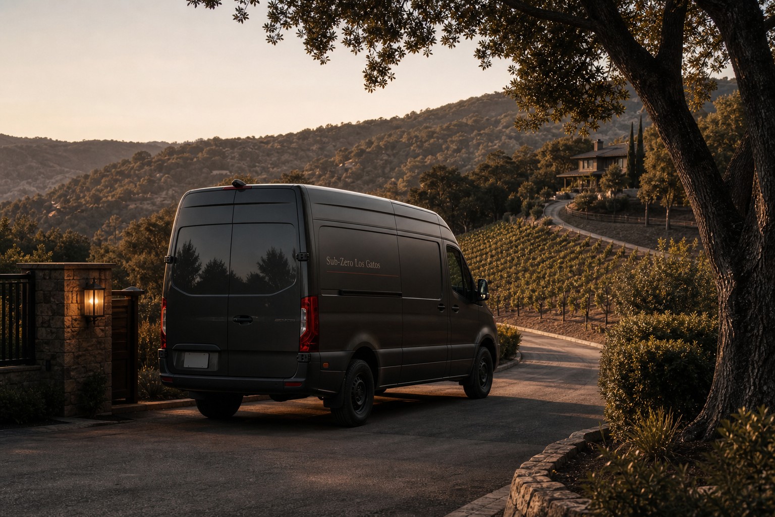 Charcoal Sub-Zero Los Gatos service van parked at the top of a long driveway of a hillside estate at dusk