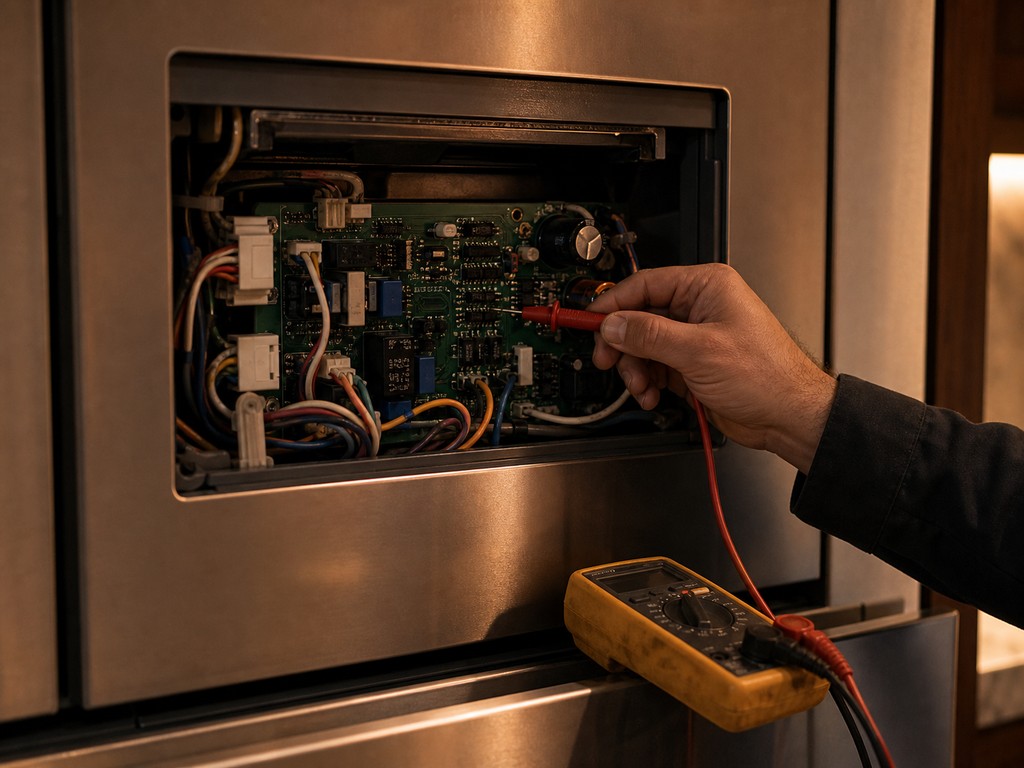 Technician’s multimeter probe at a built-in Sub-Zero refrigerator control board and wiring