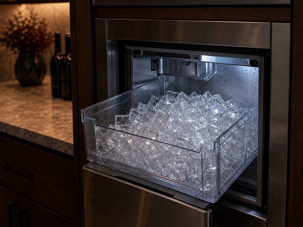 Built-in Sub-Zero clear-ice maker with the bin pulled out, full of clear ice cubes