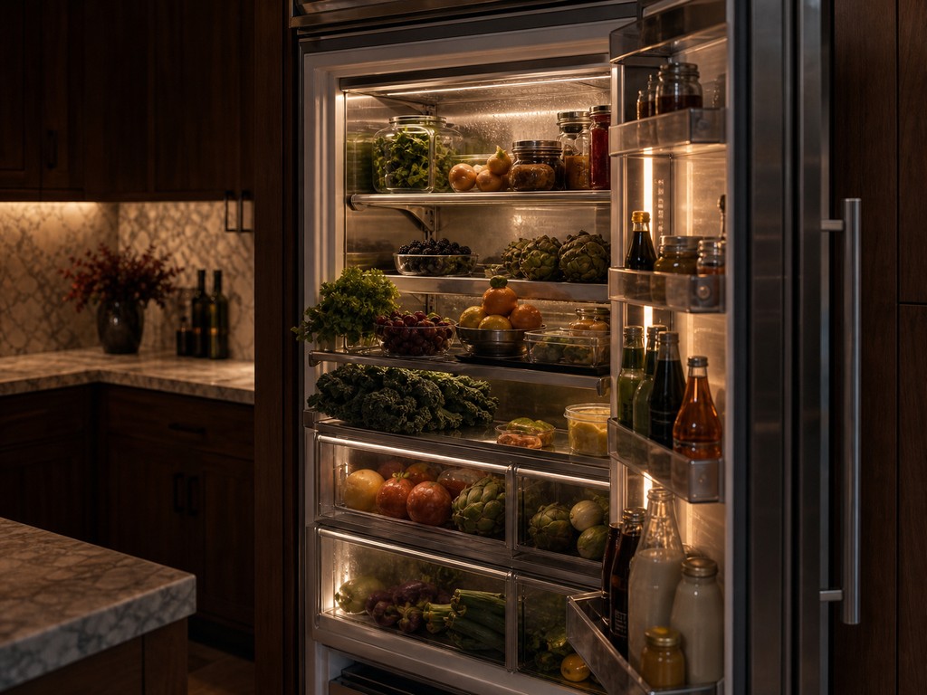 Open stainless built-in Sub-Zero refrigerator full of fresh food in a Los Gatos estate kitchen