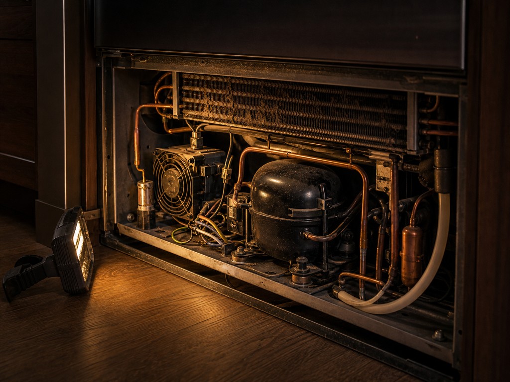 Lower mechanical compartment of a built-in refrigerator showing the compressor and sealed-system tubing
