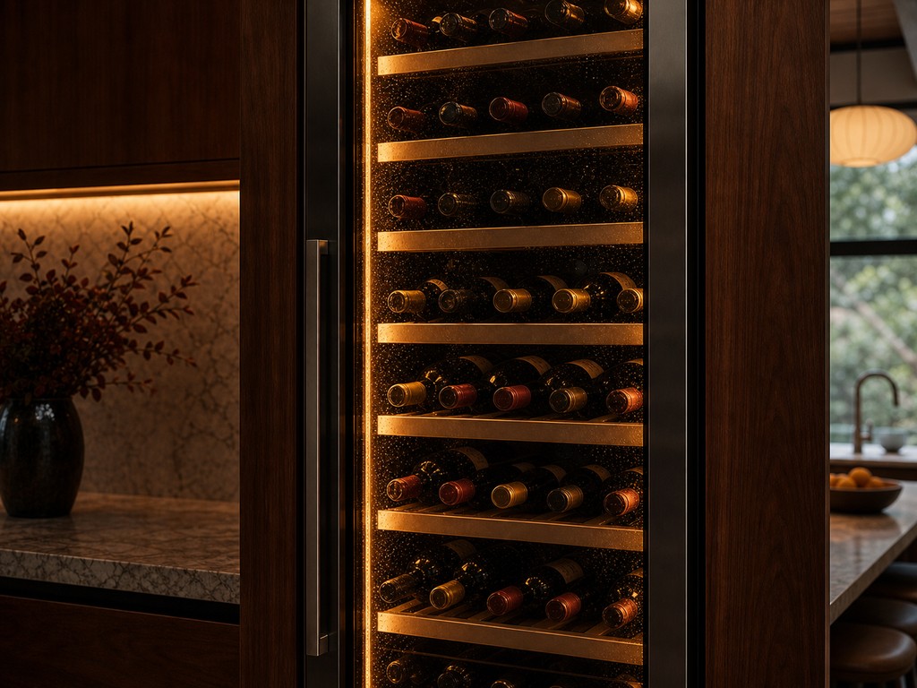 Built-in multi-zone Sub-Zero wine column glowing amber and stocked with bottles in a Los Gatos foothill kitchen