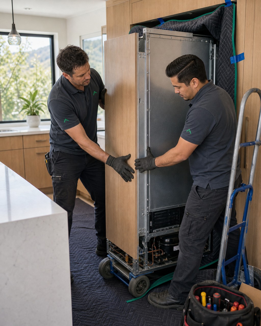 Two technicians carefully sliding a heavy built-in Sub-Zero unit out of custom cabinetry in a Los Gatos kitchen