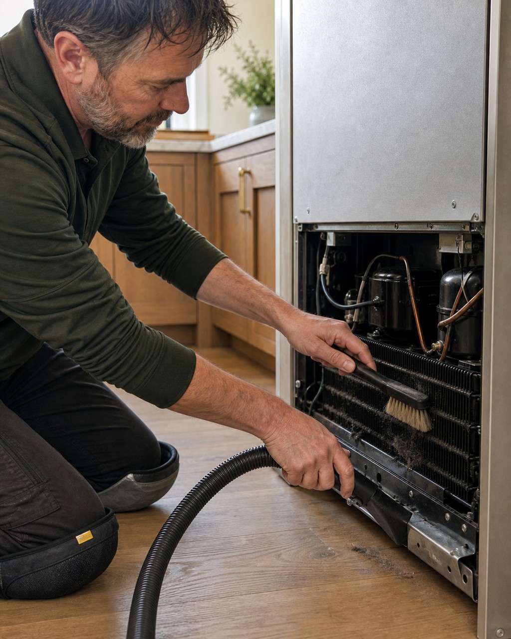Technician cleaning condenser coils at the base of a built-in refrigerator