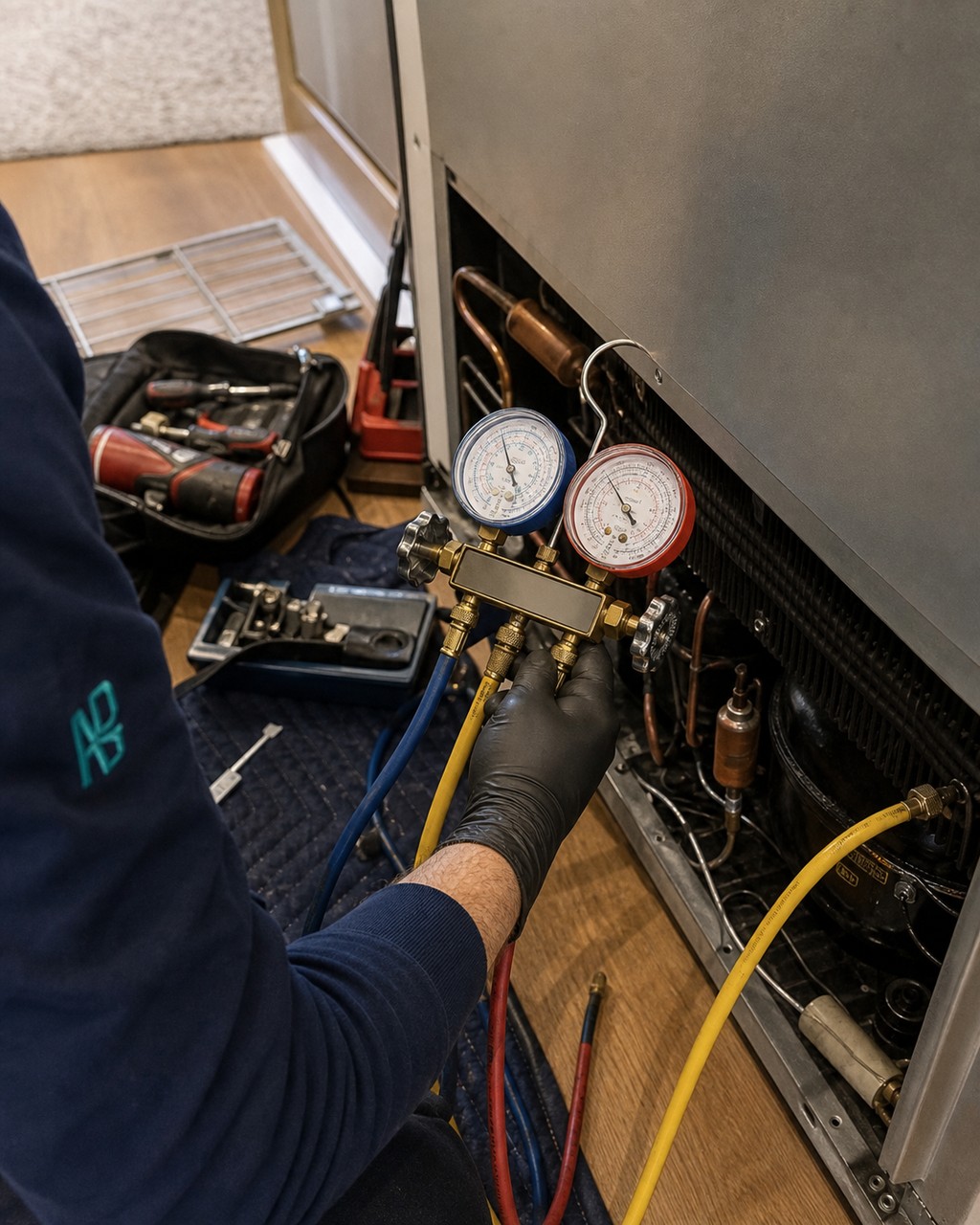 Refrigeration manifold gauges connected to the sealed system of a built-in fridge